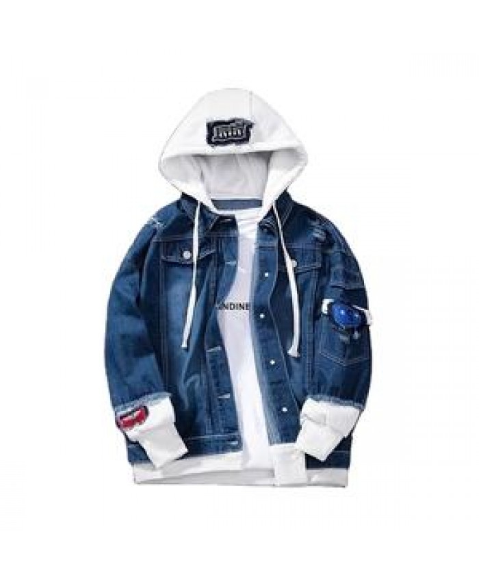 Custom Men Hooded jackets Long Sleeve Trendy Outer Wear Jeans Jacket Hoodies Rear Logo Printed Patch Design For Men Stylish