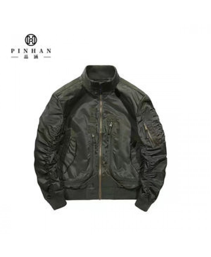 Bomber Jacket Windproof Waterproof Outer Wearing with Functional Pockets Ruffled Elasticized Sleeves Metallic Accept Down Lining