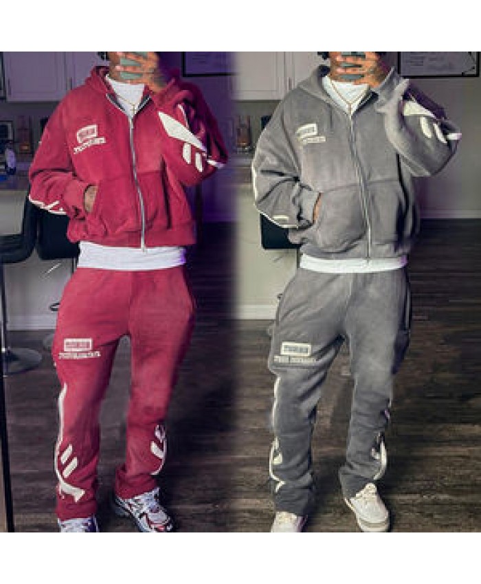 YSJY Streetwear Acid Washed Sweat Suits Zipper Hoodies Tracksuit Set Acid Wash Distress Patch Flared Sweatpants And Hoodie Set