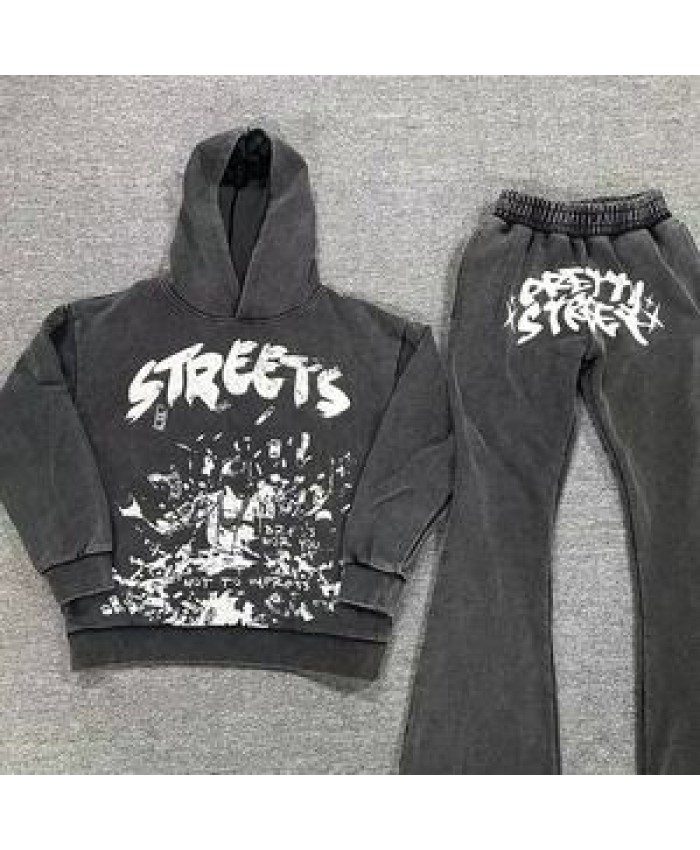 Custom High Quality Printing Tracksuit 100% Cotton French Terry acid wash Hoodie Sweatpants and Hoodie Jogger Set
