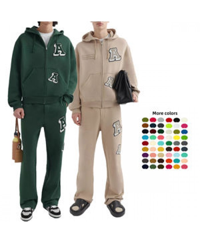 Custom logo Men's Tracksuit Embroidered Chenille Zip Up Hoodie and Sweatpants Set Casual Sweatsuit For Men