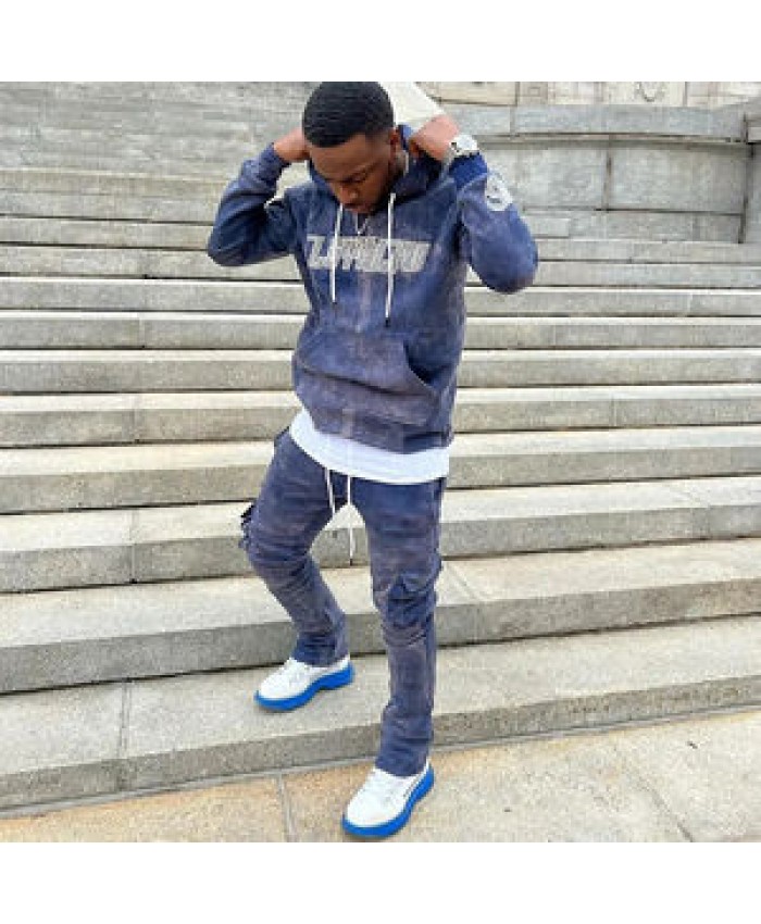 Custom Puff Print Logo Streetwear Blank Vintage Oversized Two Piece Jogger Set Acid Wash Tracksuit For Men