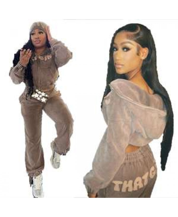 2024 BROWN Distressed Acid Wash Cropped Hoodie Washed Boxy Hoodie and Joggers Tracksuits
