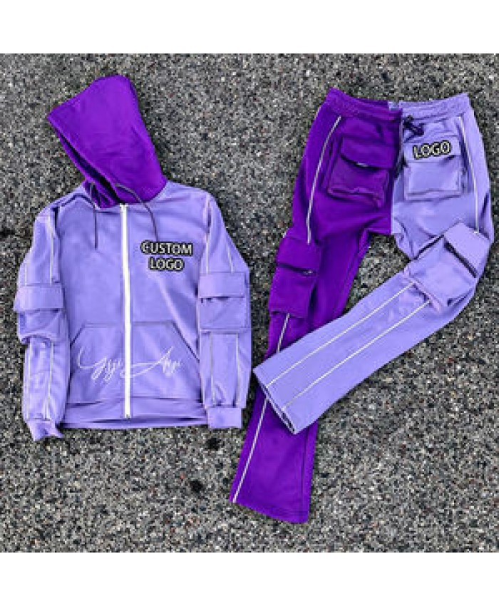 Custom Logo Streetwear Colorblock Men Joggers Stacked Sweat Suits Mens Flare Pants Hoodies Tracksuit