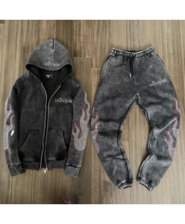 Custom 100% Cotton Terry Oversized Tracksuit Men Print Rhinestone Wash Stacked Sweat Pants With Hoodie