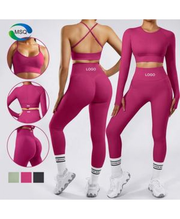 Wholesale Custom Women Clothing 3 Pieces Fitness Sets Gym Legging Seamless Fitness Long Sleeve Crop Top Yoga Suit Sportswear
