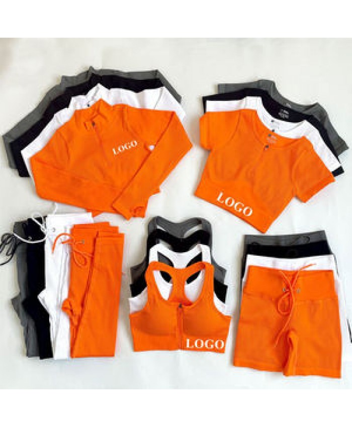 Custom Seamless Ribbed Sport Wear 5PC Yoga Outfit Workout Set Fitness Clothing Women Work Out Clothes