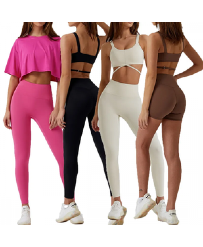 Women 4 Pieces Lulu Custom Short Sleeves Recycled Nylon Yoga Set Activewear Jogger Bra Leggings Sportswear Fitness Gym Clothing