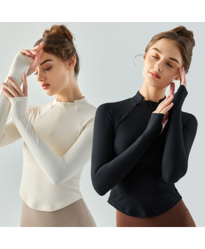 Custom Women's autumn winter nylon double-sided nude yoga long-sleeved t-shirt Zip Sport Tops running training fitness clothing