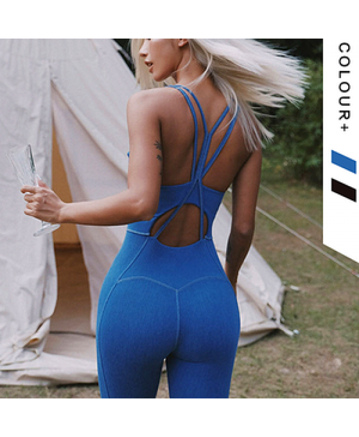 Wrinkle Textured Open Back Jumpsuit Fitness Workout Clothes