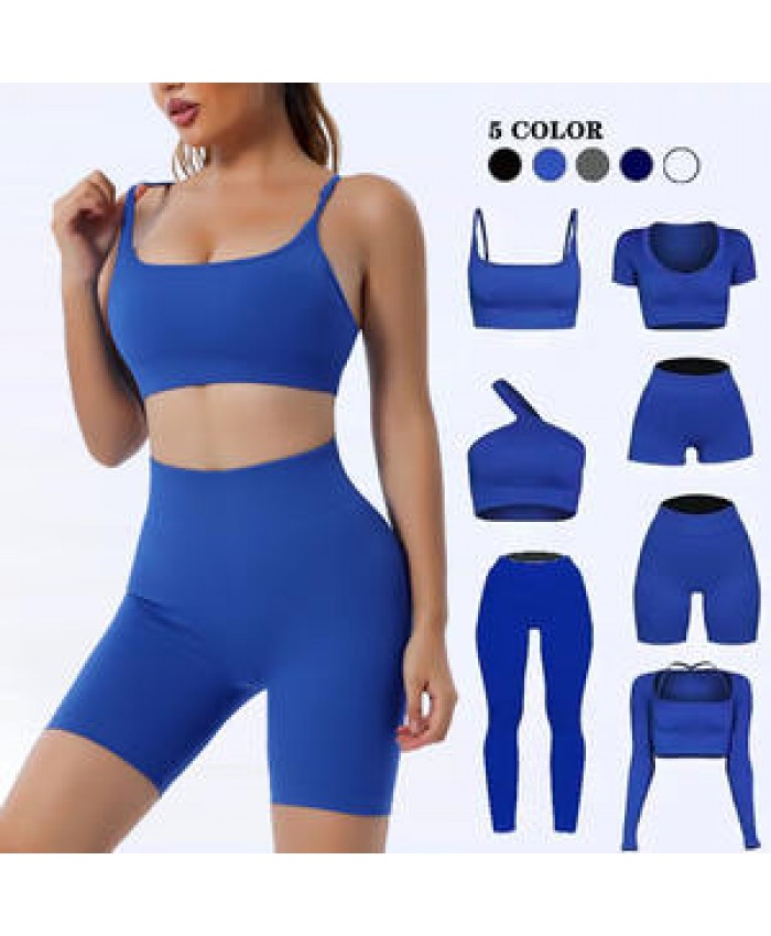 Yoga Suits Wholesale Sportswear Workout Sets Fitness Clothing One Shoulder Bra 7 Pcs Ribbed Yoga Sets Fitness Leggings Set Woman
