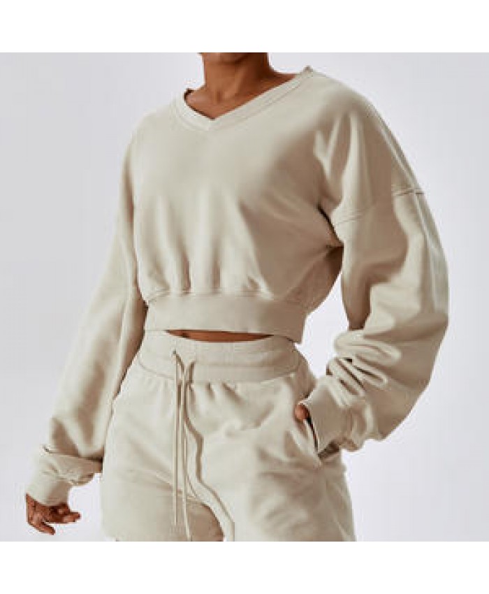 Women custom long sleeve pullover sports top gym shorts tracksuit workout clothing