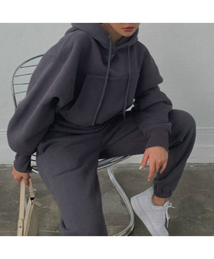 Wholesale Fitness Clothing Heavy Weight Cropped Black Hoodie And Pants Oversized Sportswear Jogging Suit