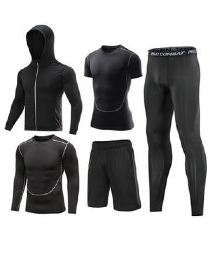 Quick Dry Sports Men'S Fitness Clothing 5 Pieces Gym Clothes Workout Fitness Training Wear Running Suits