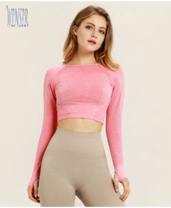 fitness apparel activewear gym yoga workout sports cropped t shirt Seamless Long Sleeve Crop Top with Thumb Hole for Women